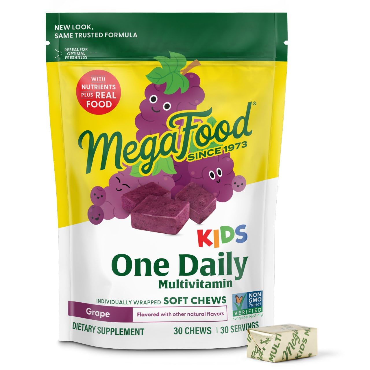 MegaFood Kids One Daily Soft Chews bottle front with grape flavor for growth