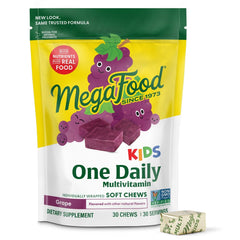 MegaFood Kids One Daily Soft Chews bottle front with grape flavor for growth