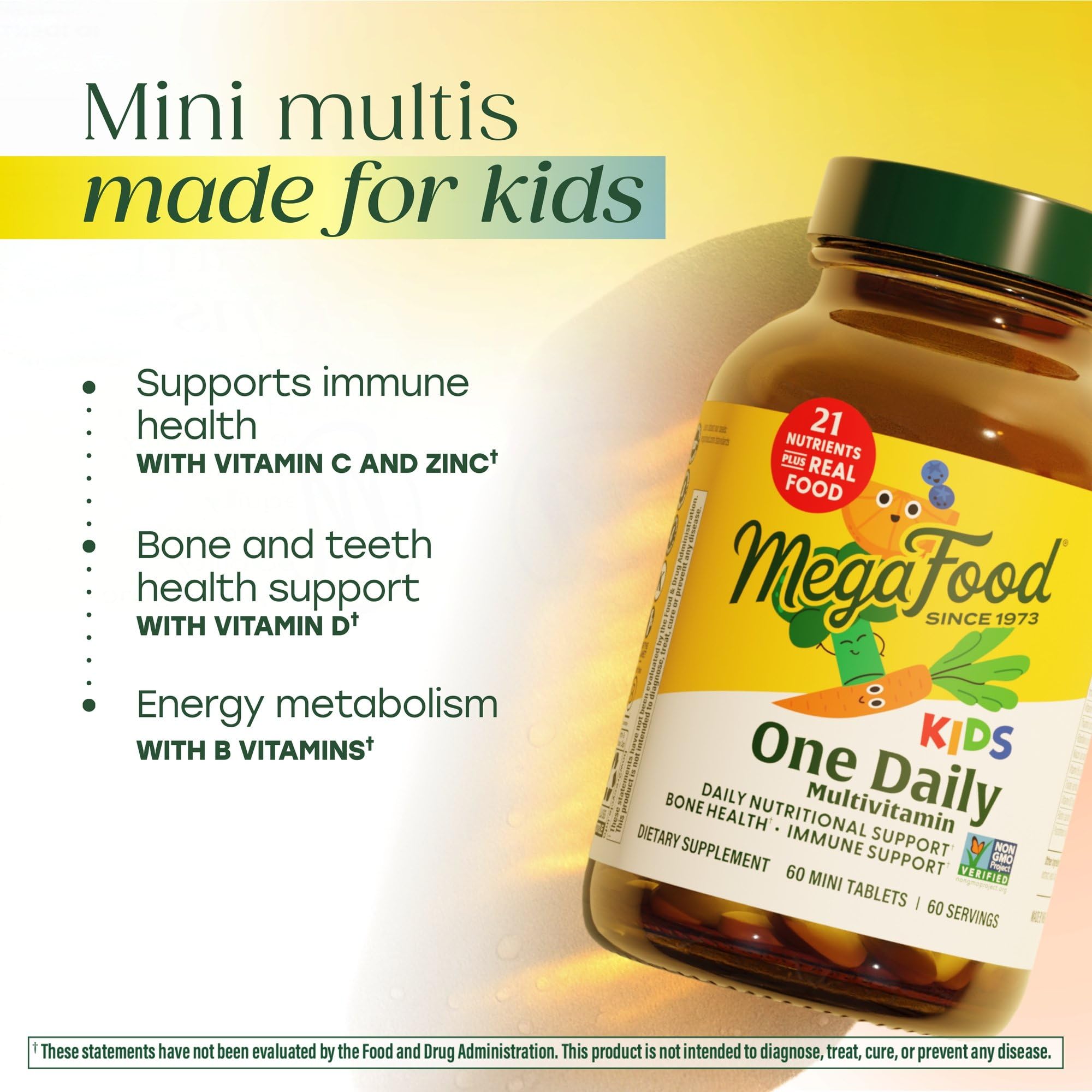 Real-food ingredients like orange, blueberry, and carrot in MegaFood Kids One Daily.
