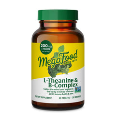 MegaFood L-Theanine bottle closeup highlighting calming support for daily focus.