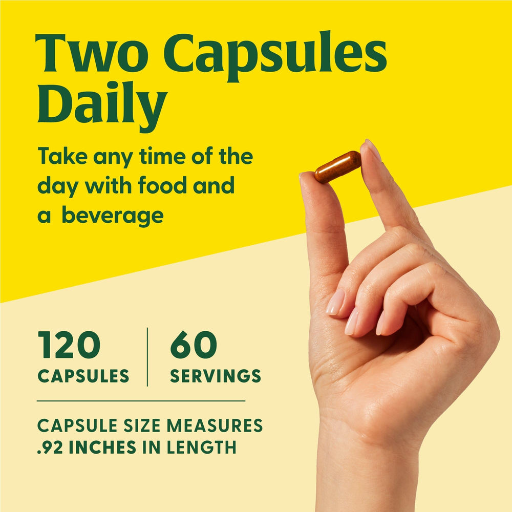 Two capsules illustrate the daily serving of MegaFood Liposomal Vitamin C.