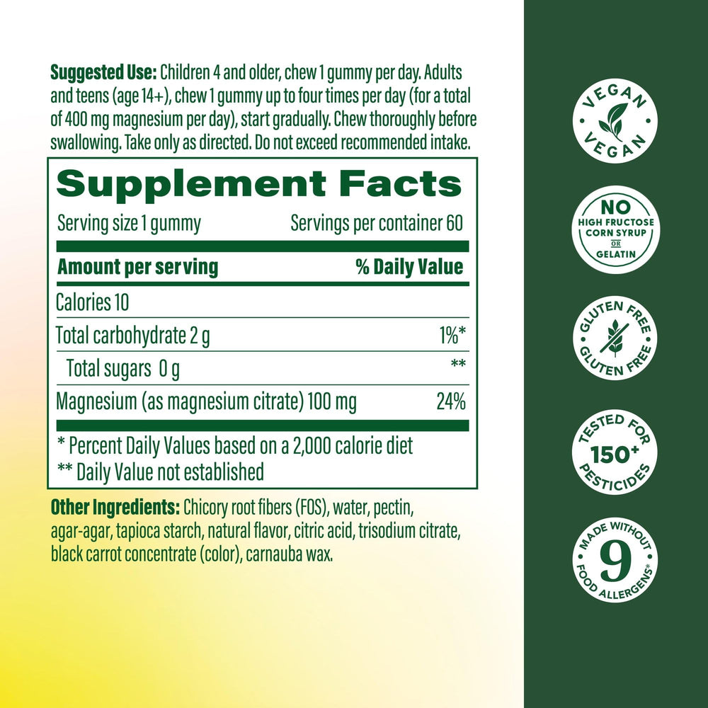 MegaFood Magnesium Citrate Gummies bottle side shows convenient daily dosage.