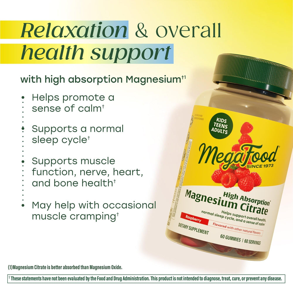 MegaFood Magnesium Citrate Gummies raspberry flavor close-up for tasty daily use.