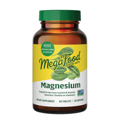 MegaFood magnesium supplement bottle front shows daily heart and nerves support potential.
