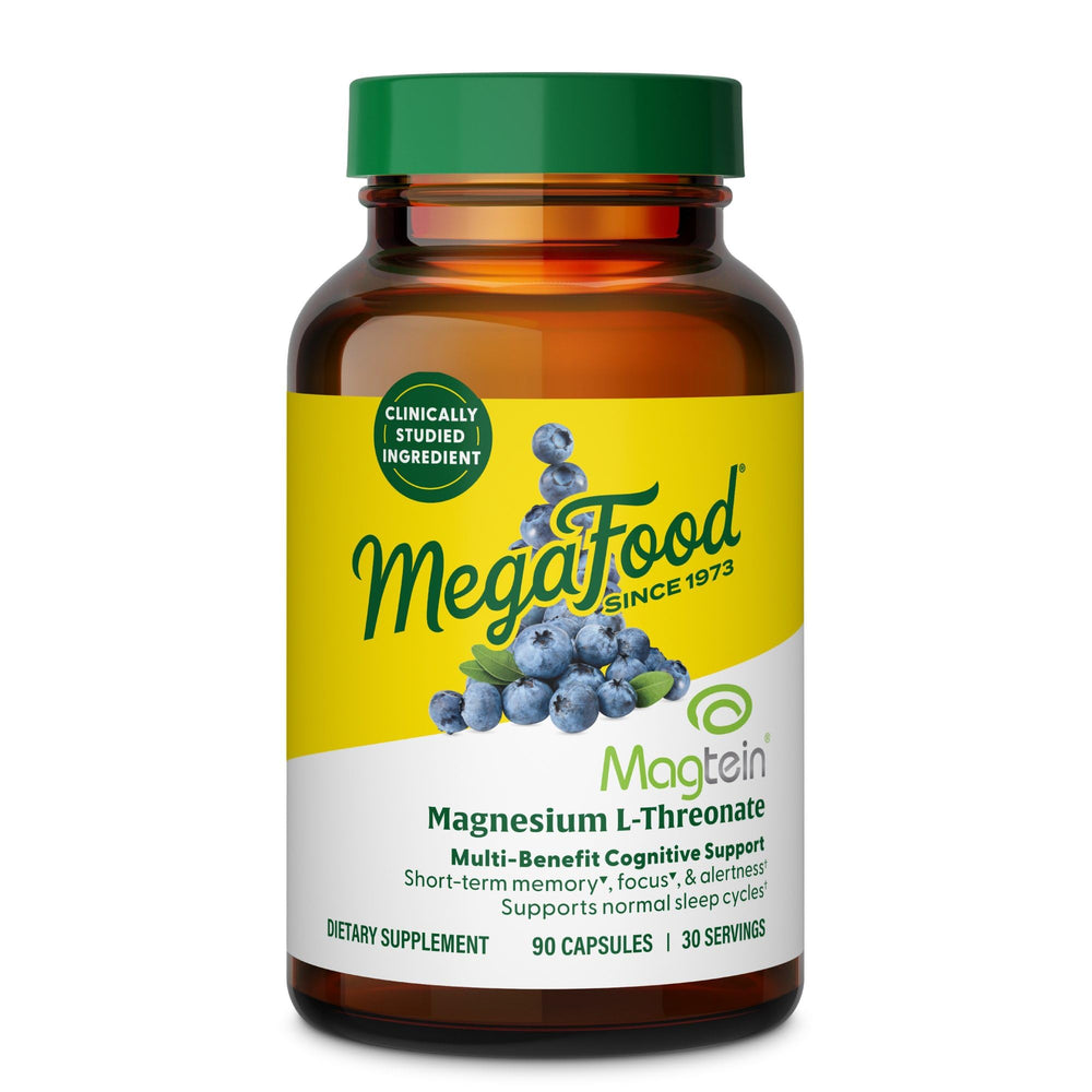 MegaFood Magtein bottle close-up for easy daily use and focus support.