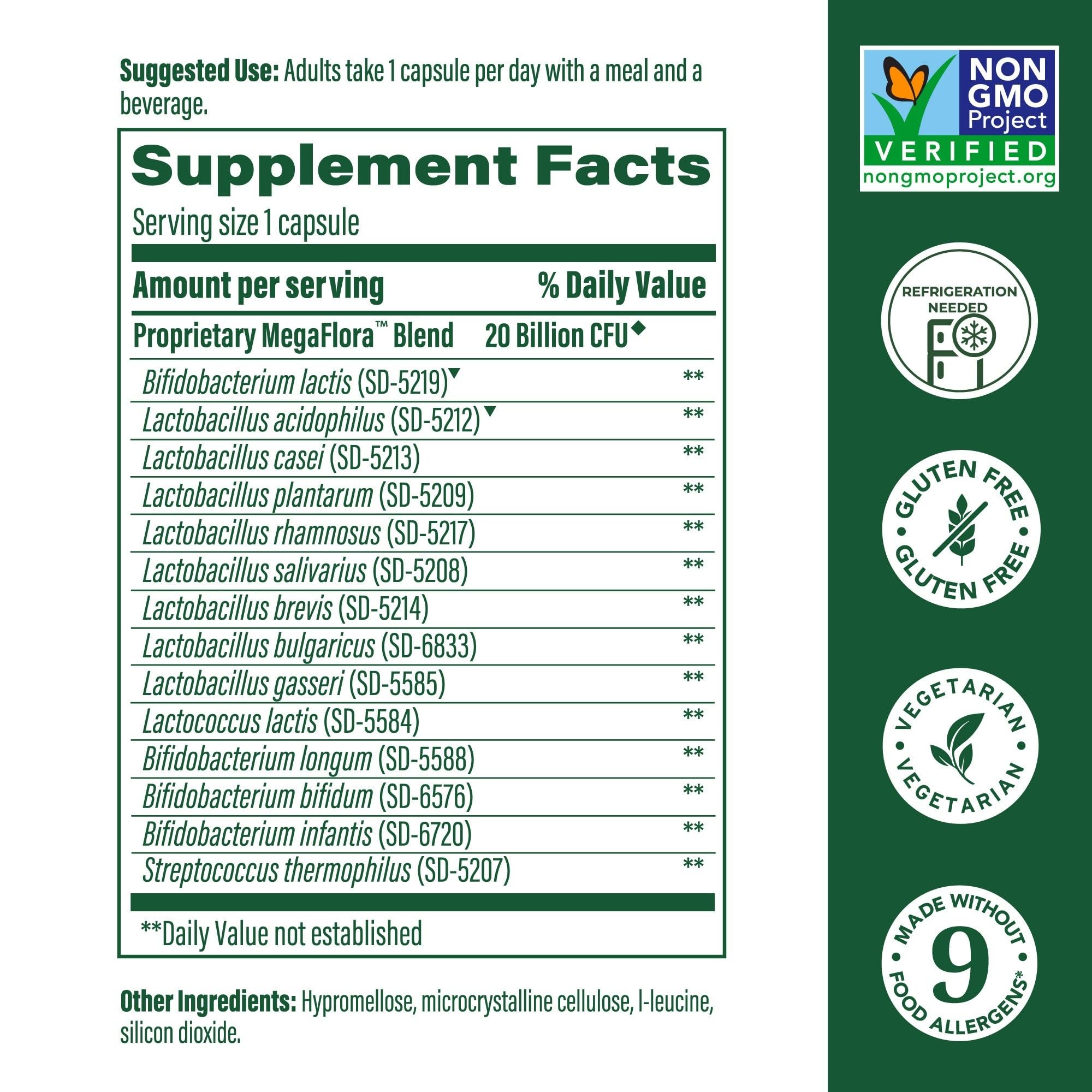 Label details of MegaFood MegaFlora Probiotic showing 20B CFU and 14 strains for balance.