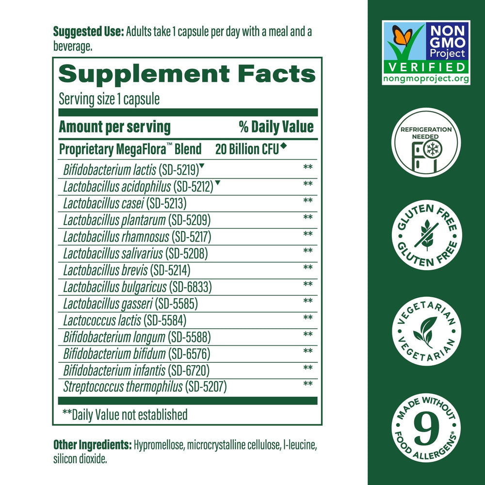 Label details of MegaFood MegaFlora Probiotic showing 20B CFU and 14 strains for balance.