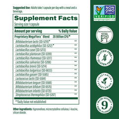 Label details of MegaFood MegaFlora Probiotic showing 20B CFU and 14 strains for balance.