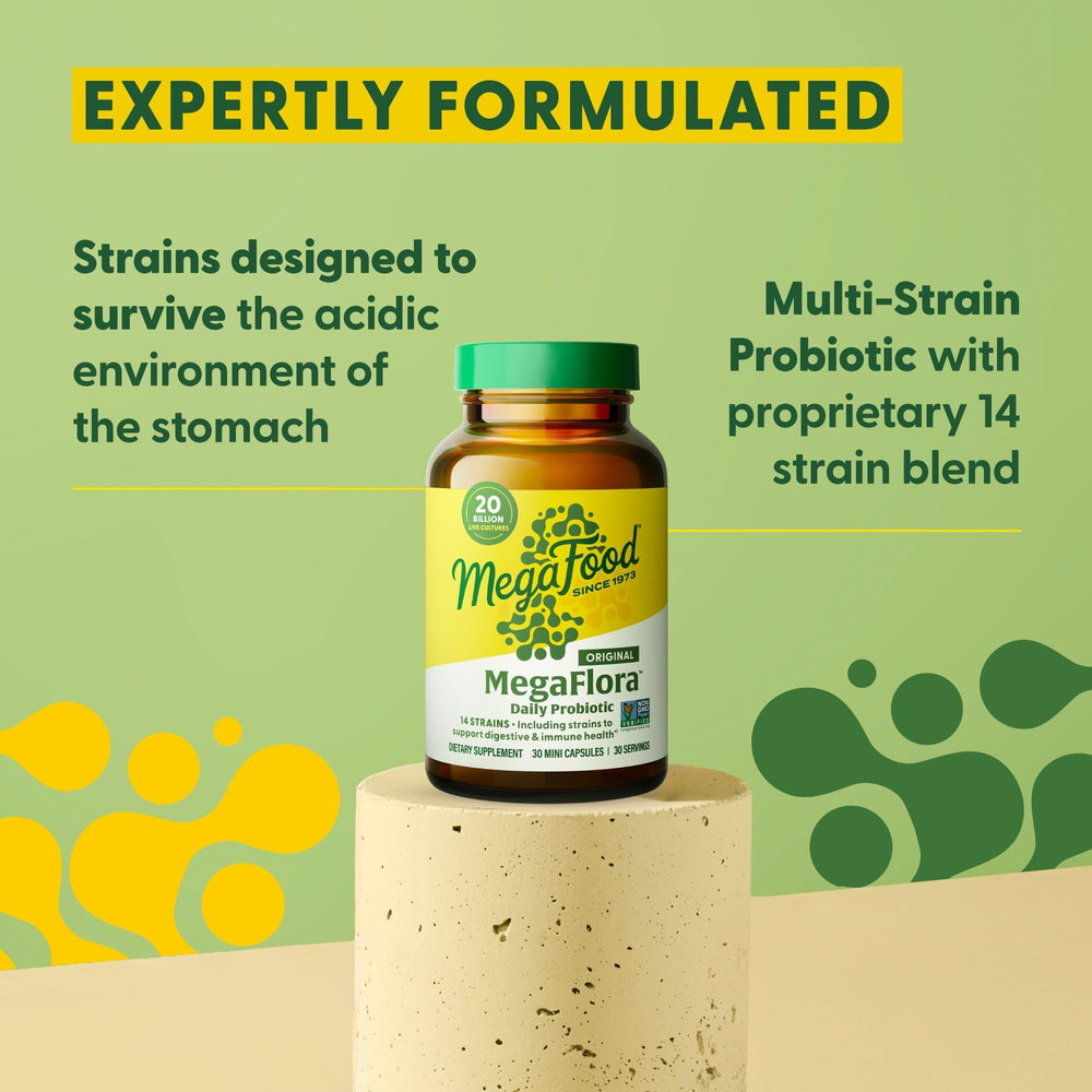 Shelf display of MegaFood MegaFlora Probiotic in the wellness section for easy access.