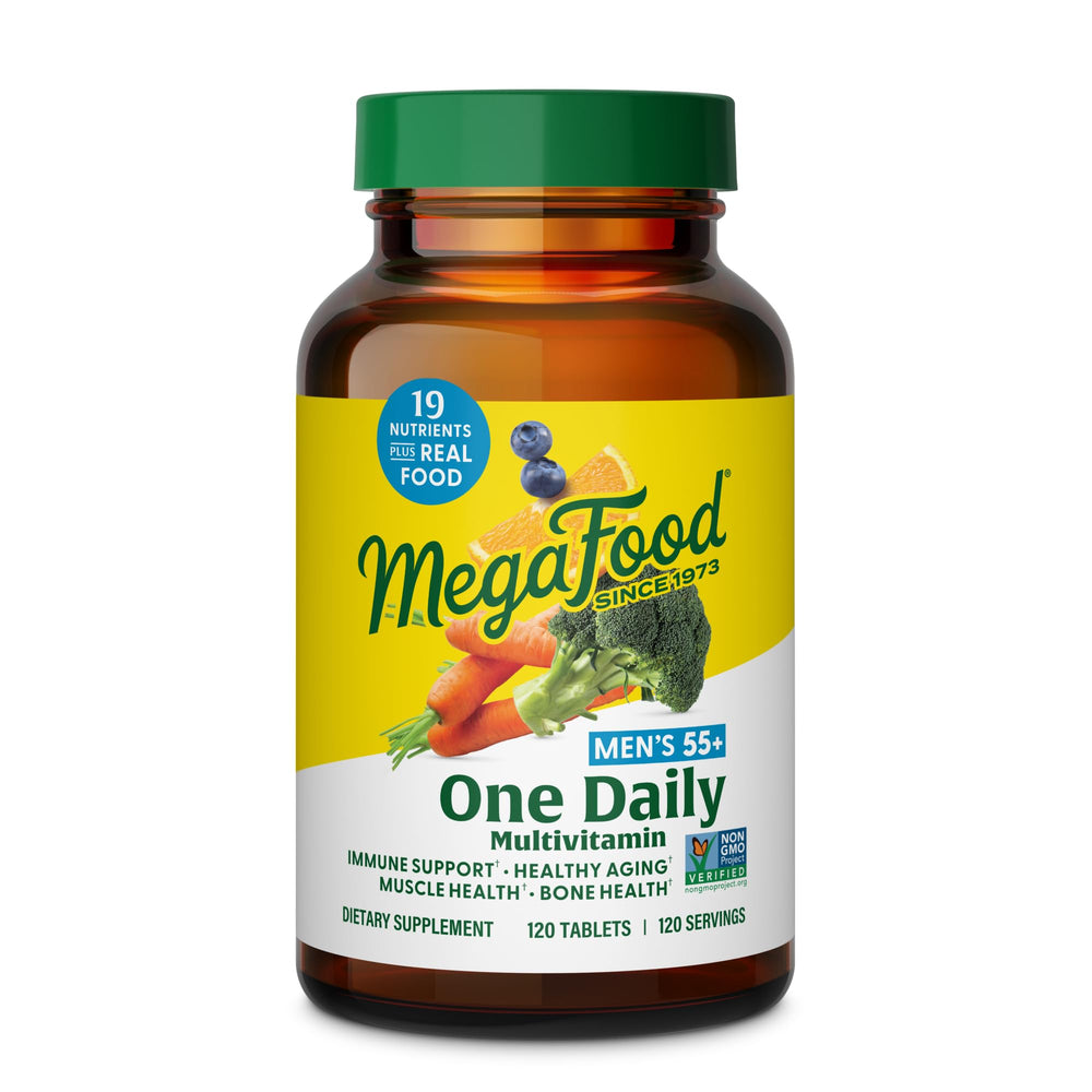 MegaFood Men Over 55 One Daily bottle—trusted daily multivitamin for aging support.