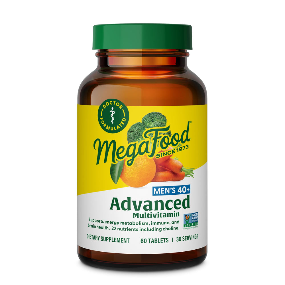 MegaFood Men's 40+ tablets on label for daily wellness.