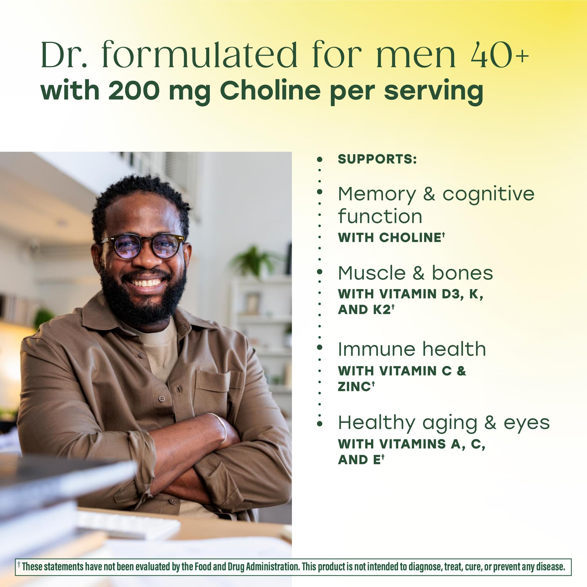 MegaFood Men's 40+ nutrition panel shows key vitamins and minerals.