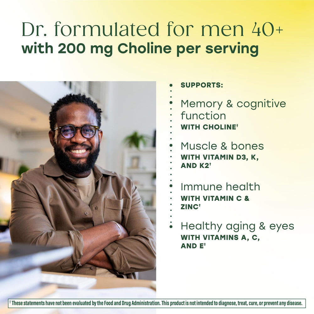 MegaFood Men's 40+ nutrition panel shows key vitamins and minerals.