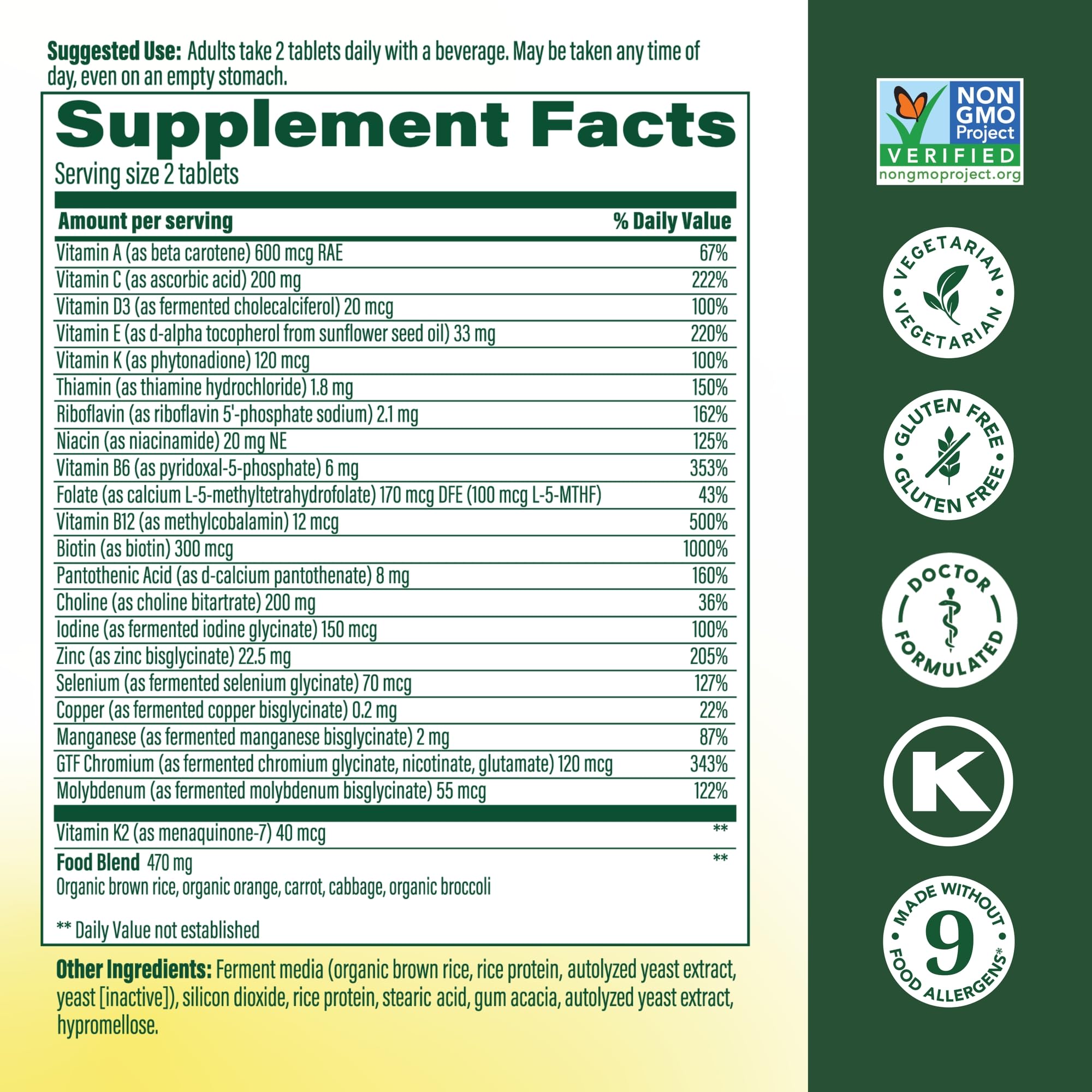 MegaFood bottle side view highlighting bottle design and 60 tabs for a month of use