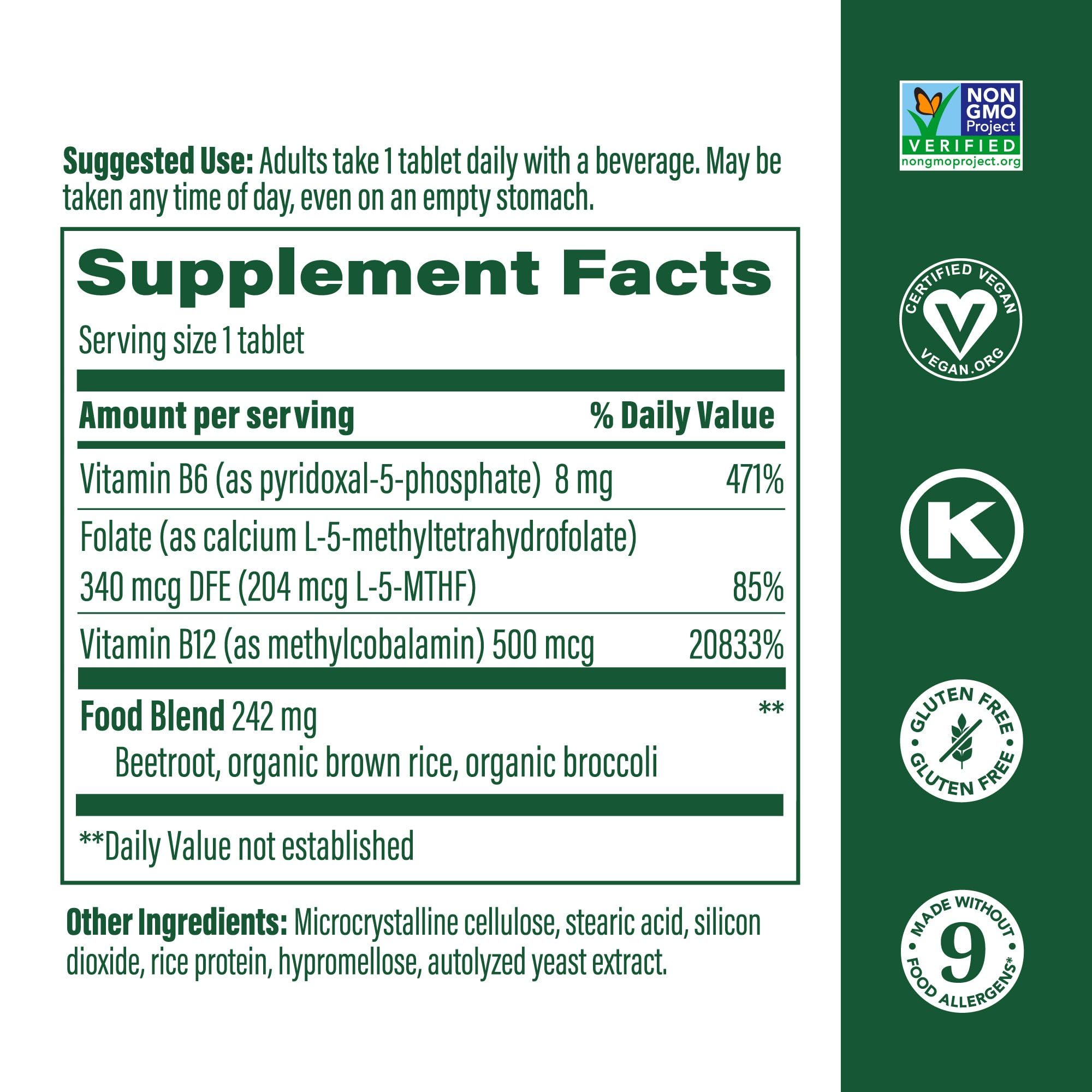 MegaFood Methyl B12 bottle front view highlights vegan and non-GMO formula.