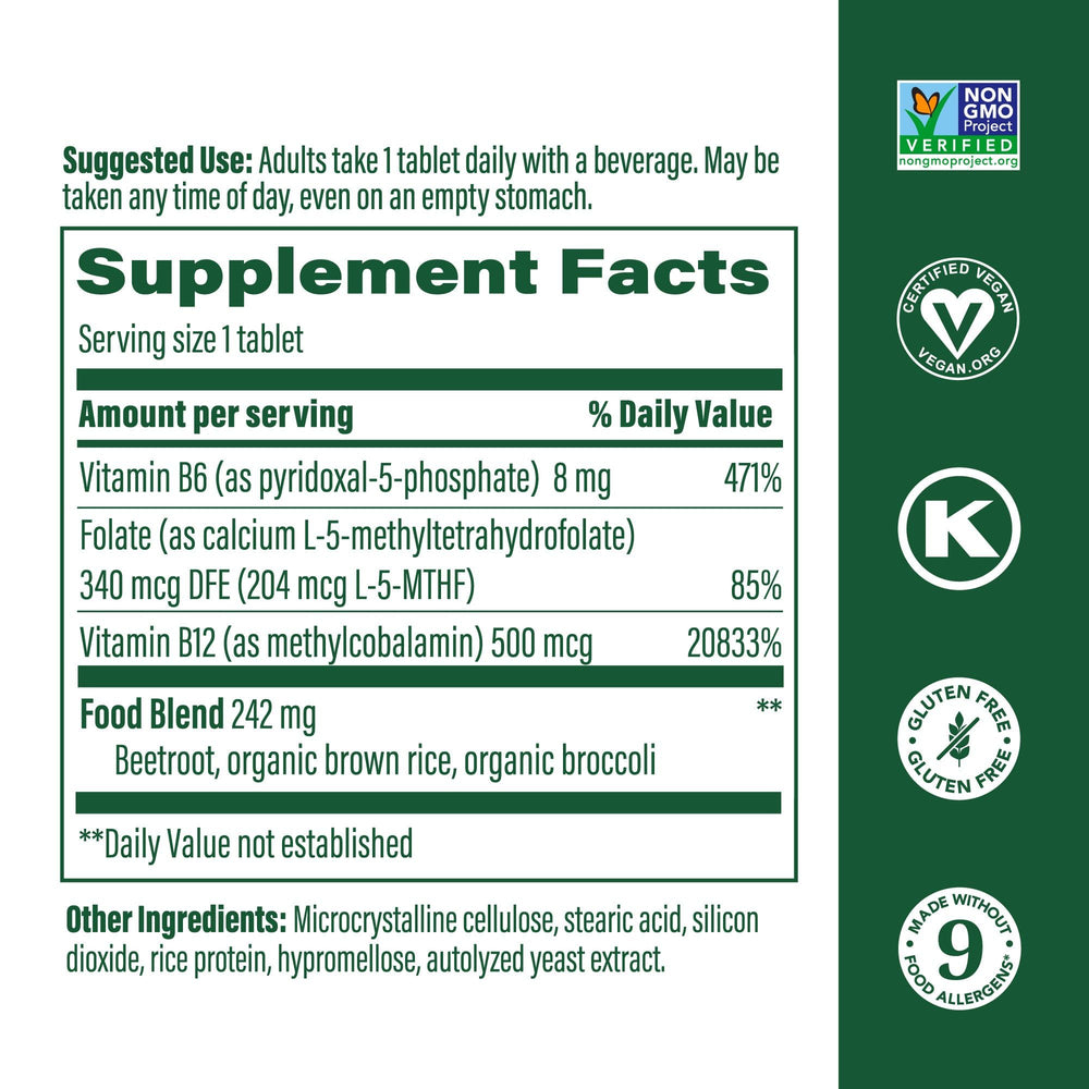 MegaFood Methyl B12 bottle front view highlights vegan and non-GMO formula.