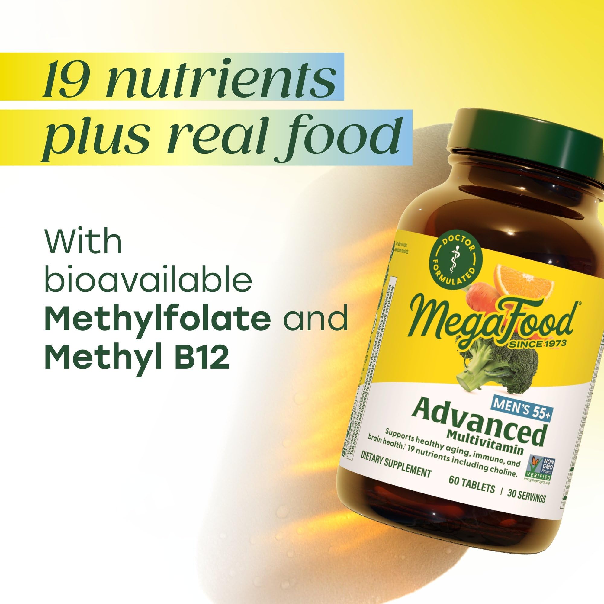 MegaFood Multi for Men 55+ bottle cap closeup shows tablet shape and coating