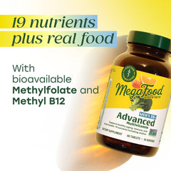 MegaFood Multi for Men 55+ bottle cap closeup shows tablet shape and coating