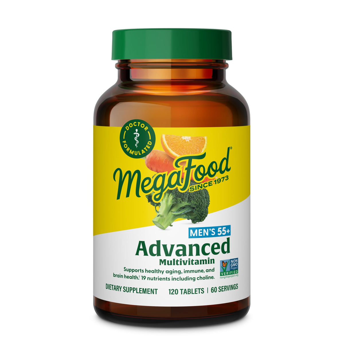 MegaFood Multi for Men 55+ bottle front with 120 tablets for daily vitality