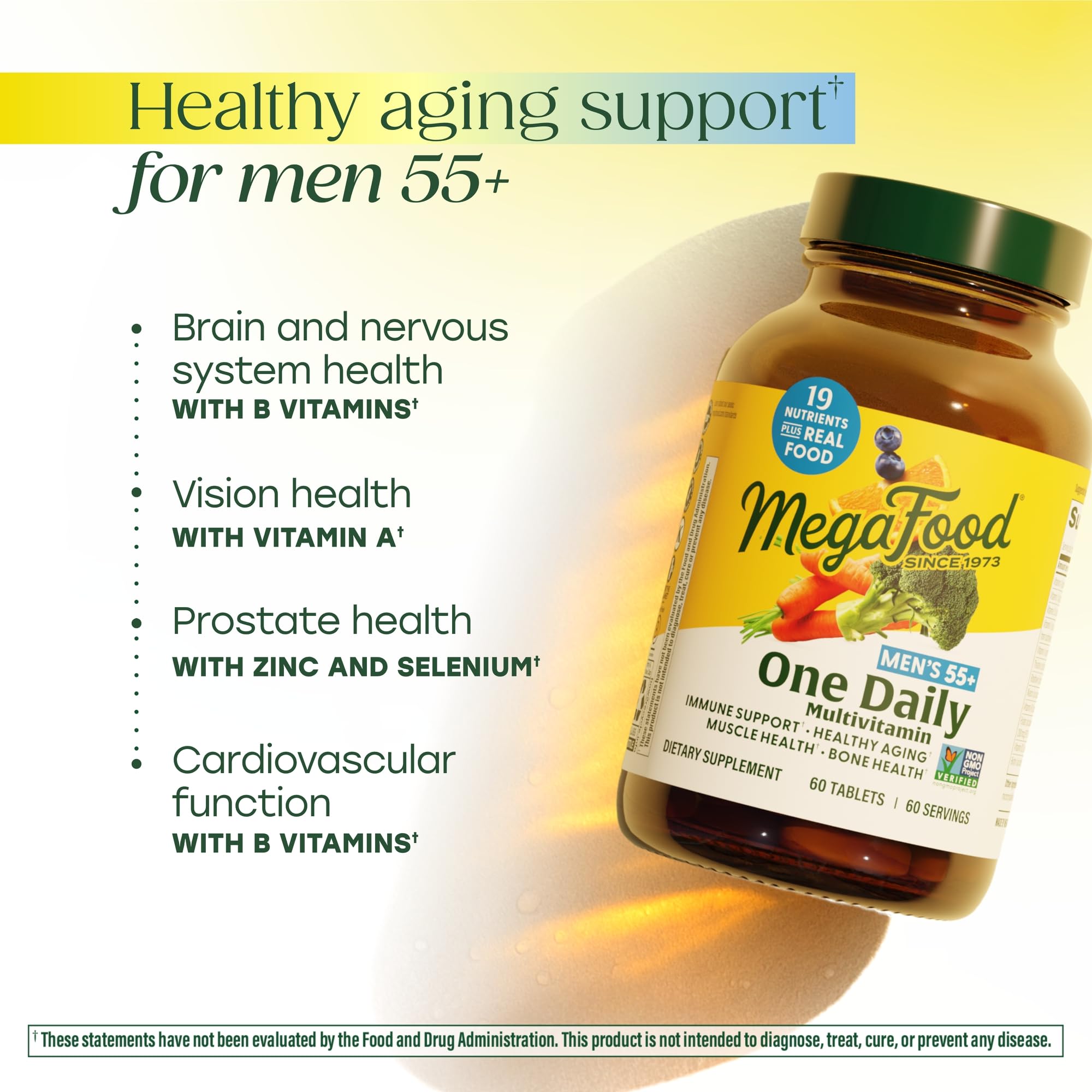 Front label of MegaFood multivitamin highlights vegetarian, non-GMO ingredients.
