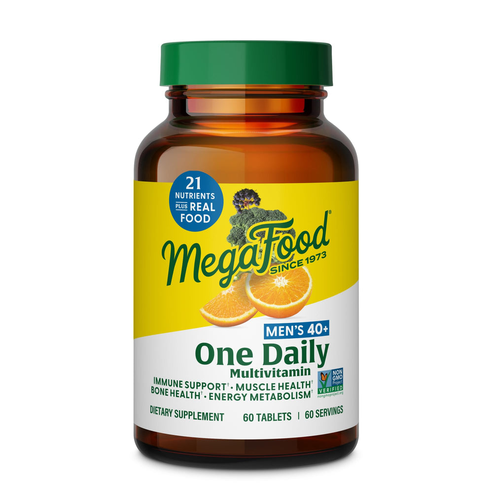 MegaFood multivitamin for men 40+ bottle showcases daily energy and immune health support.