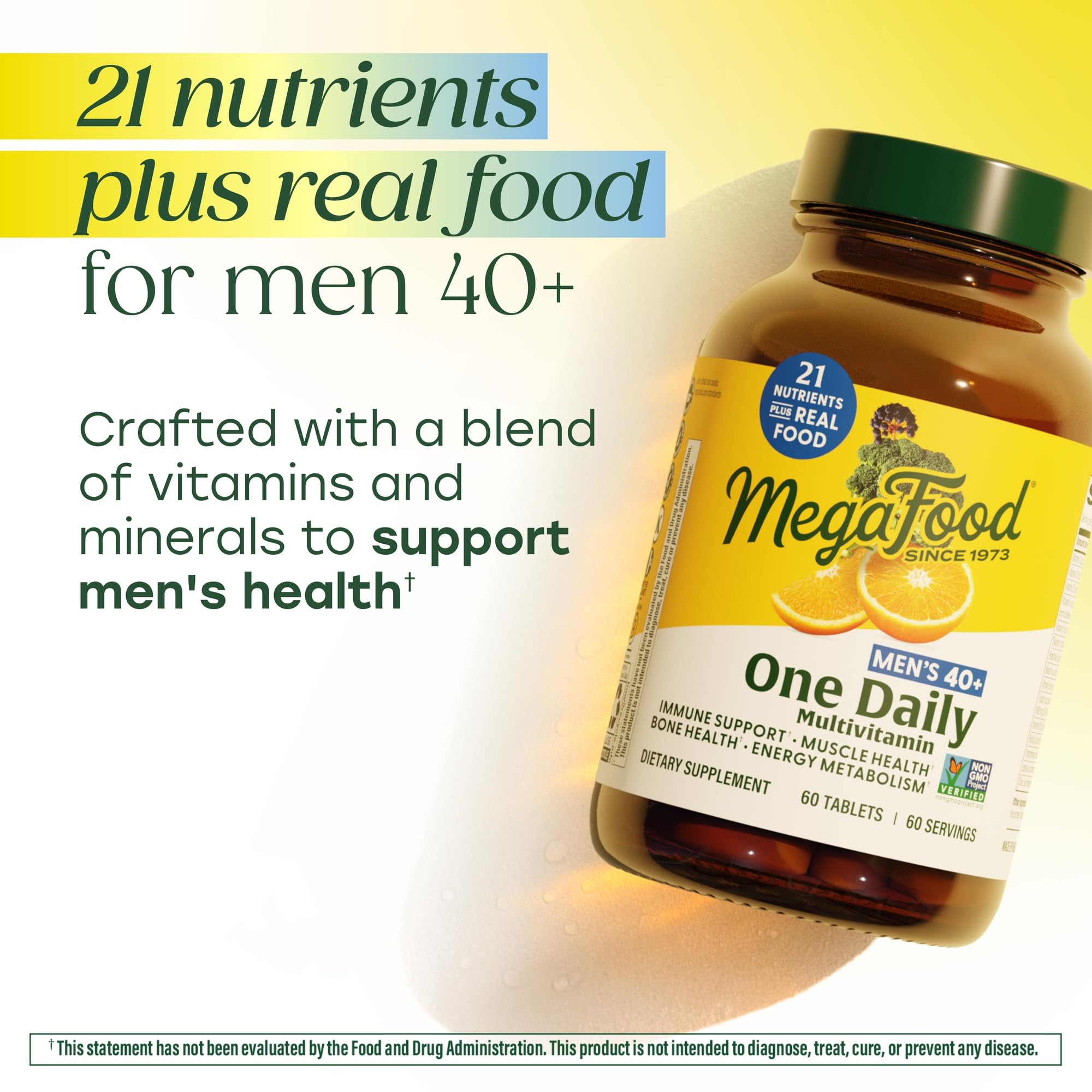MegaFood real-food blend illustrates oranges, broccoli, blueberries and herbs.