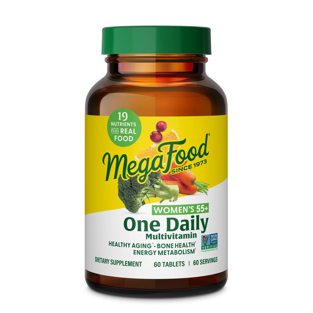 MegaFood Multivitamin for Women 55+ bottle shows an easy daily dose for daily wellness.