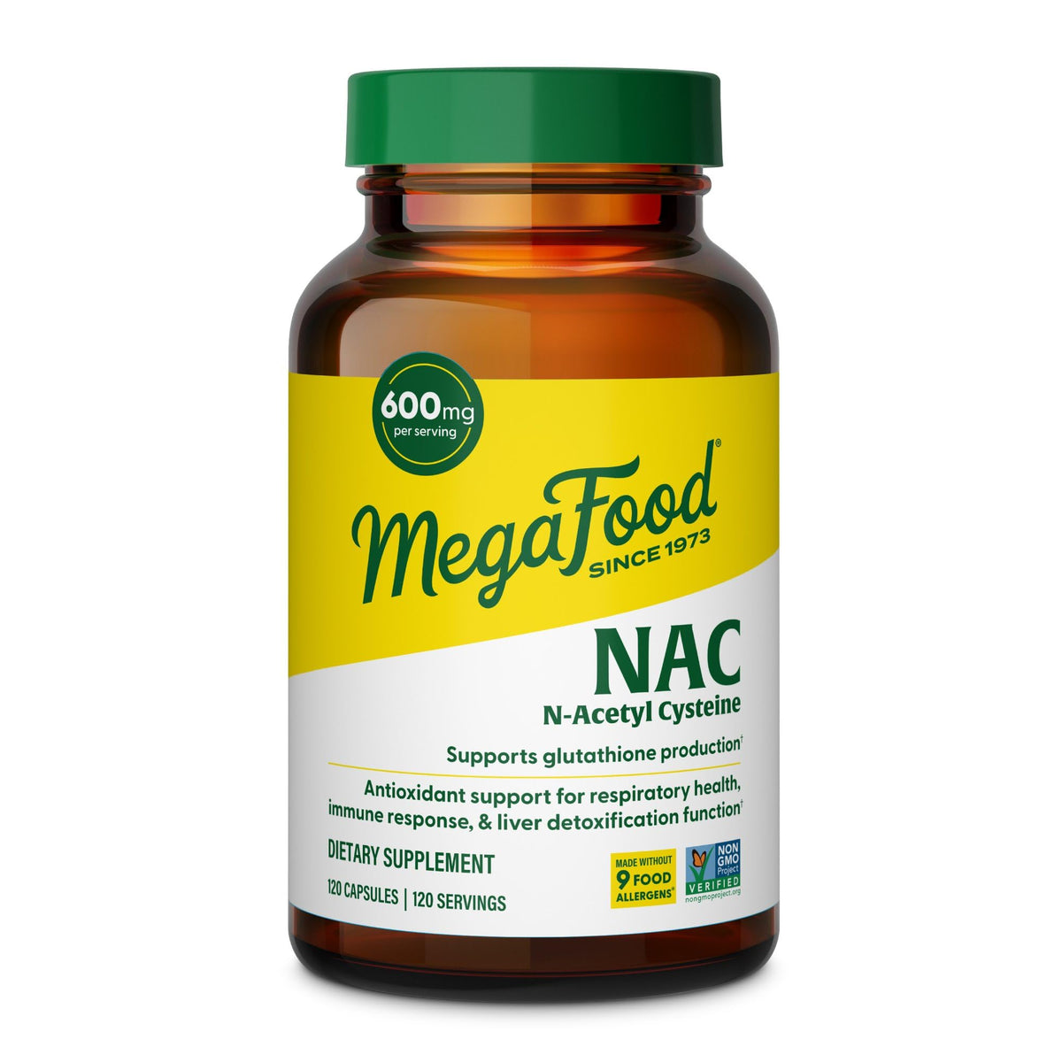 MegaFood NAC bottle front shows 600 mg per serving for liver and immune support.