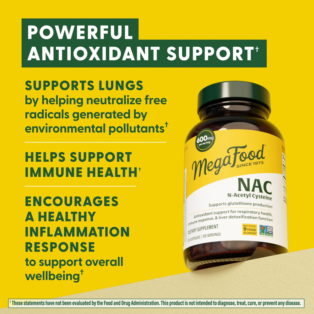 MegaFood NAC label close-up showing 600 mg per serving.