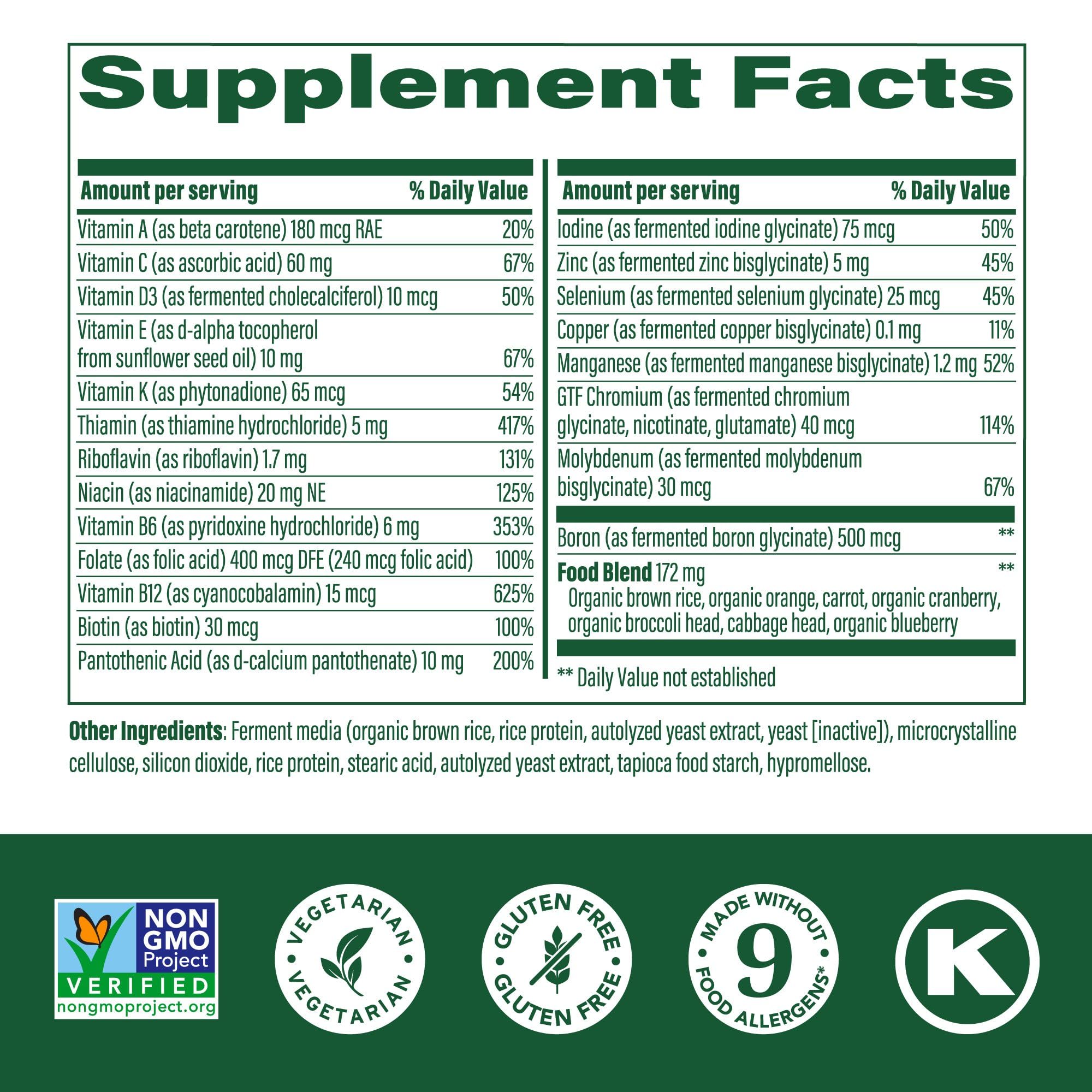 MegaFood One Daily Iron Free bottle back with ingredient details.