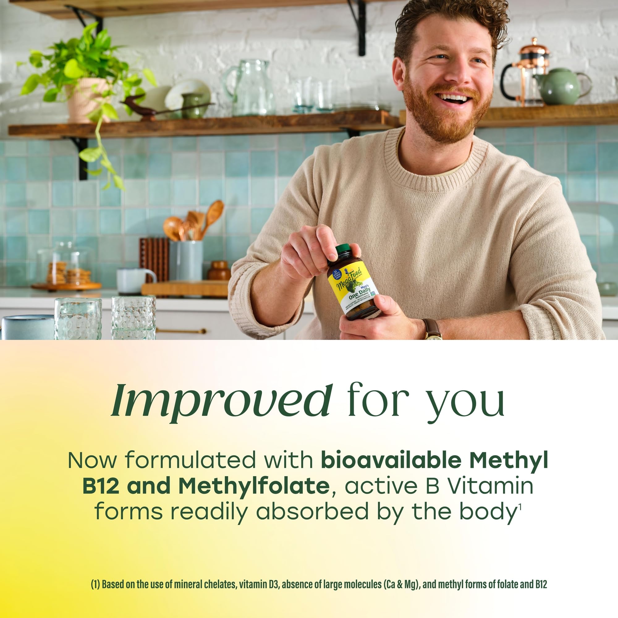 MegaFood One Daily bottle beside glass signals easy daily routine