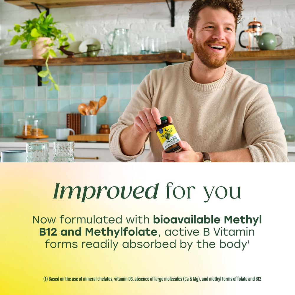 MegaFood One Daily bottle beside glass signals easy daily routine