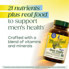 MegaFood One Daily Men's Multivitamin real-food ingredients graphic highlights blueberry orange broccoli benefits
