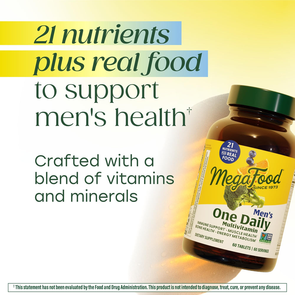MegaFood One Daily real-food ingredients image featuring blueberry, orange, broccoli