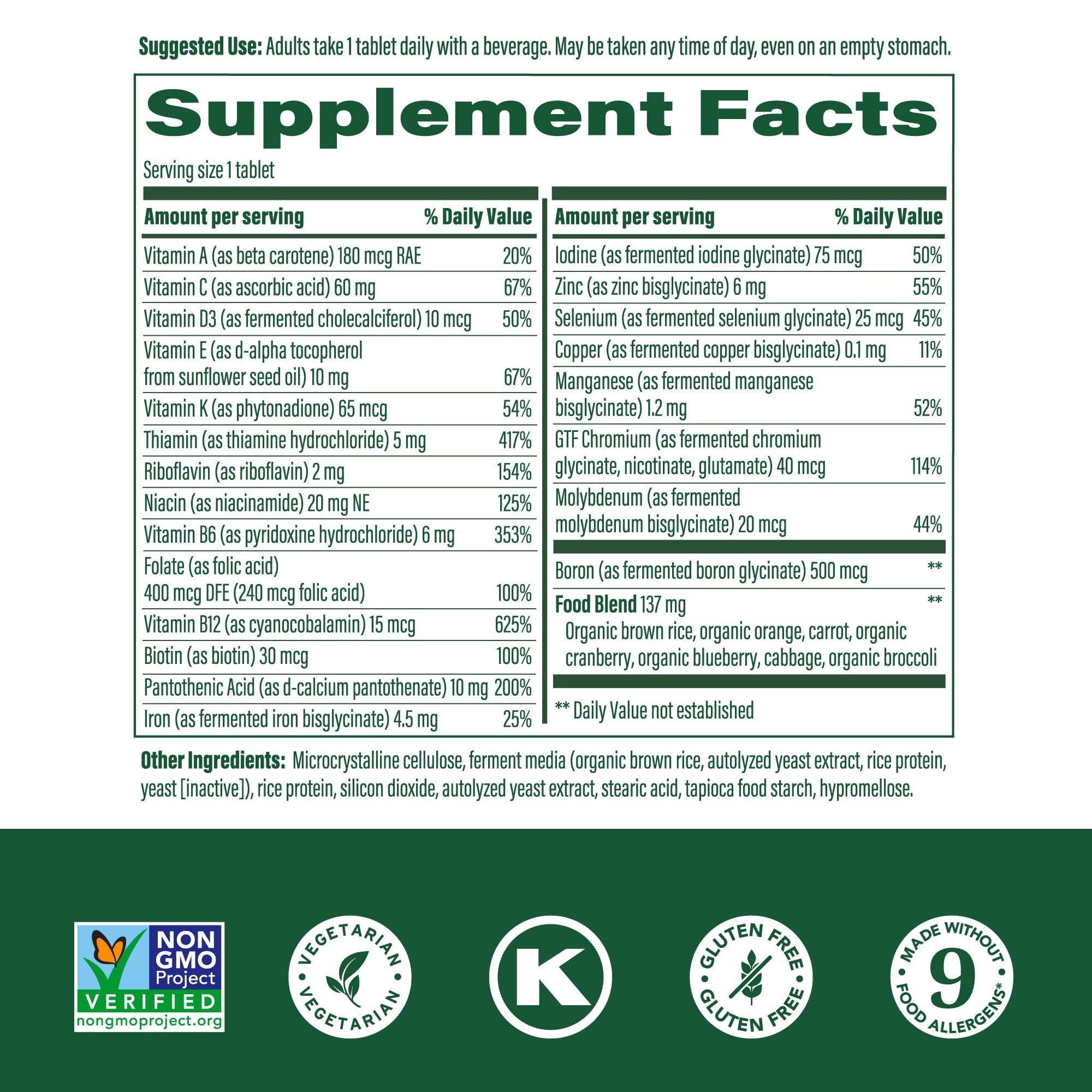 MegaFood One Daily multivitamin real food ingredients graphic highlights oranges and broccoli