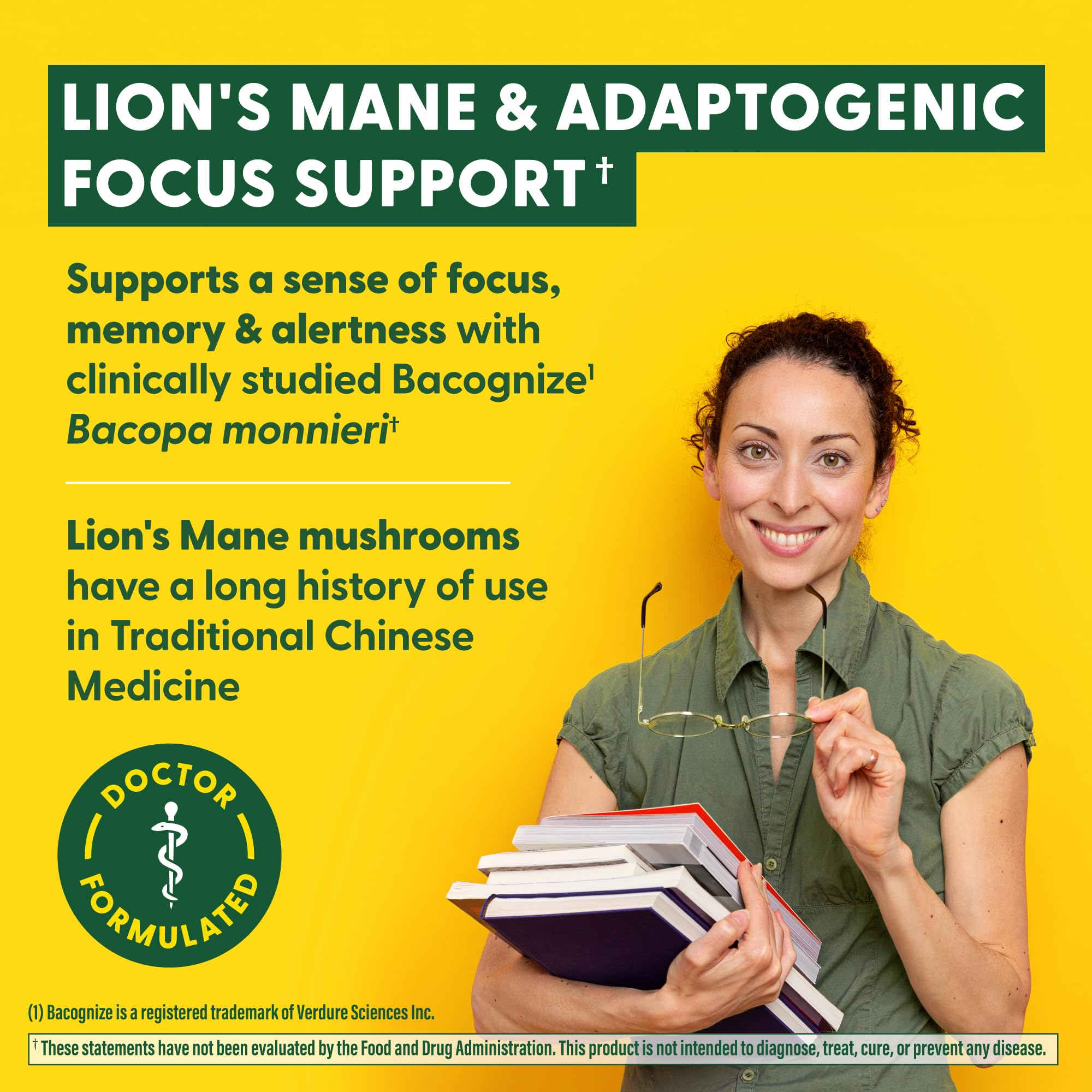 MegaFood Lions Mane and Bacopa packaging with clear dosage and ingredient details.