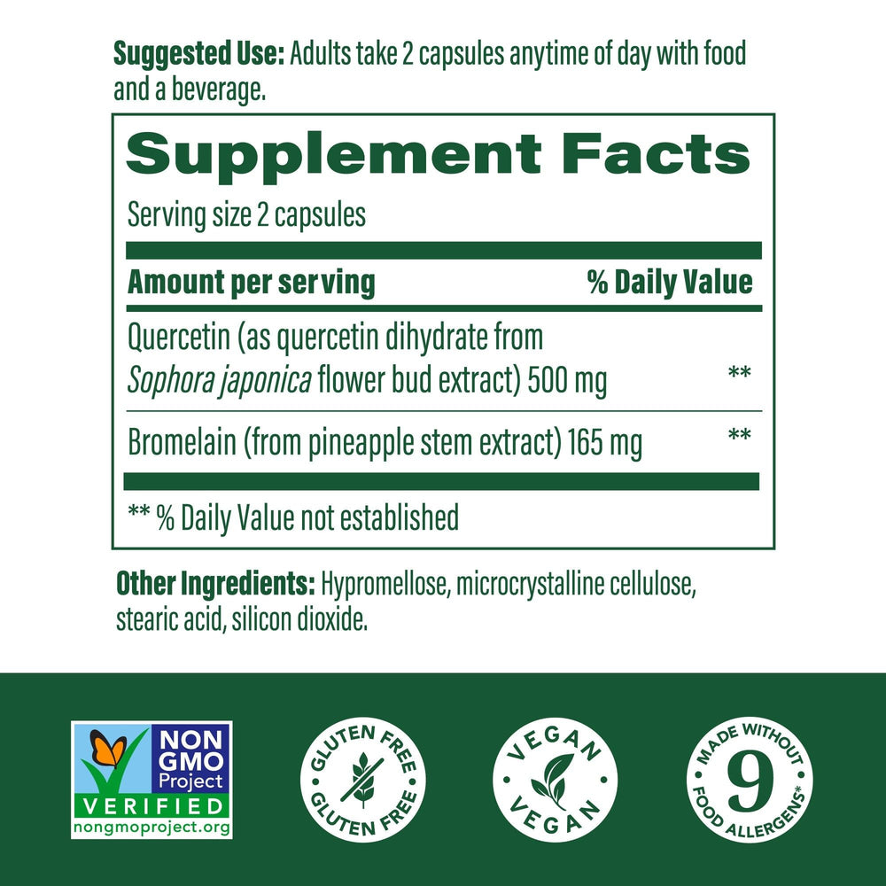 Close-up of MegaFood Quercetin with Bromelain capsules highlighting 500 mg quercetin per serving.