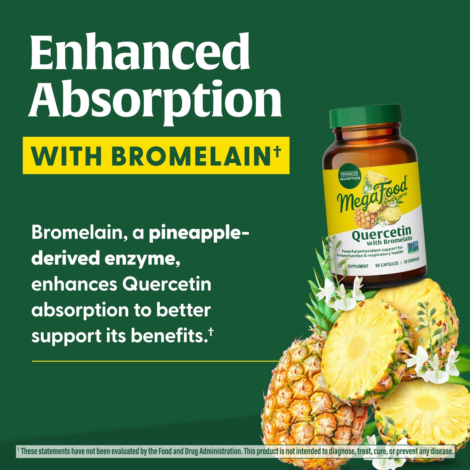 Ingredients panel for MegaFood Quercetin with Bromelain emphasizing bromelain content.