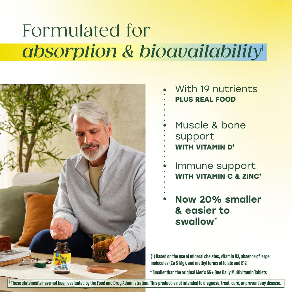 Real-food ingredients like oranges, broccoli, and carrots in MegaFood formula.