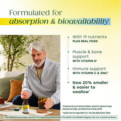 Real-food ingredients like oranges, broccoli, and carrots in MegaFood formula.