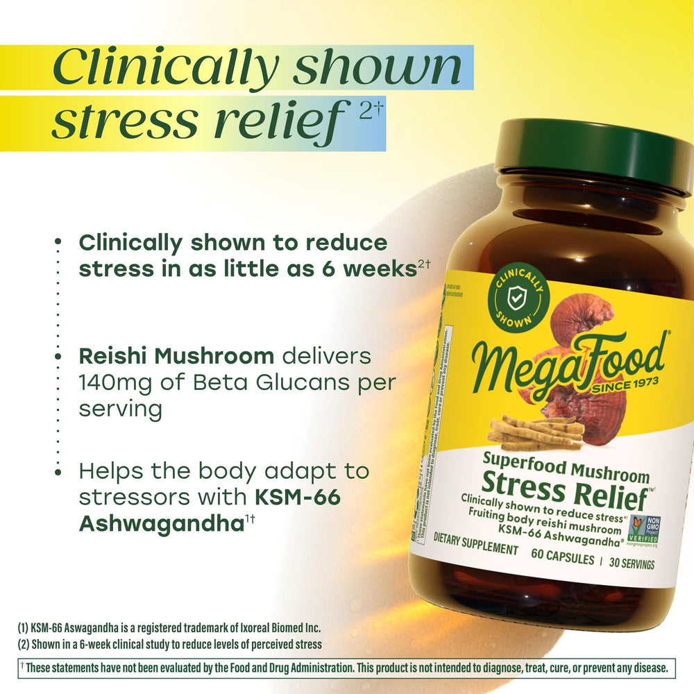 MegaFood Reishi mushroom fruiting bodies close-up suggests natural power for well-being