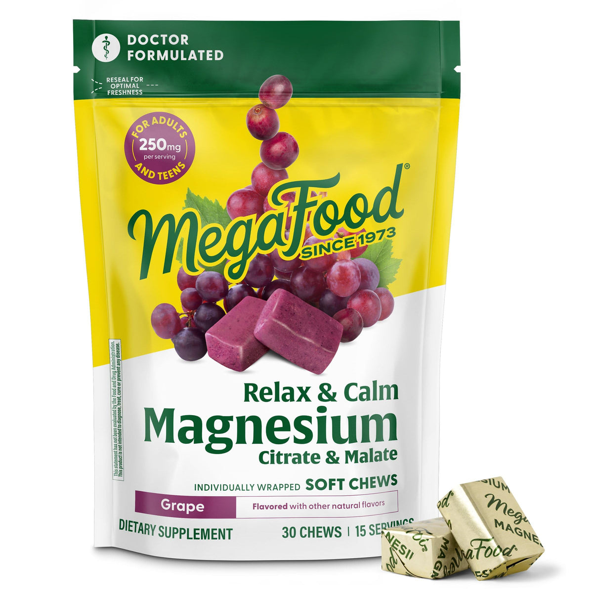 MegaFood Relax + Calm bottle front, doctor formulated magnesium for daily calm