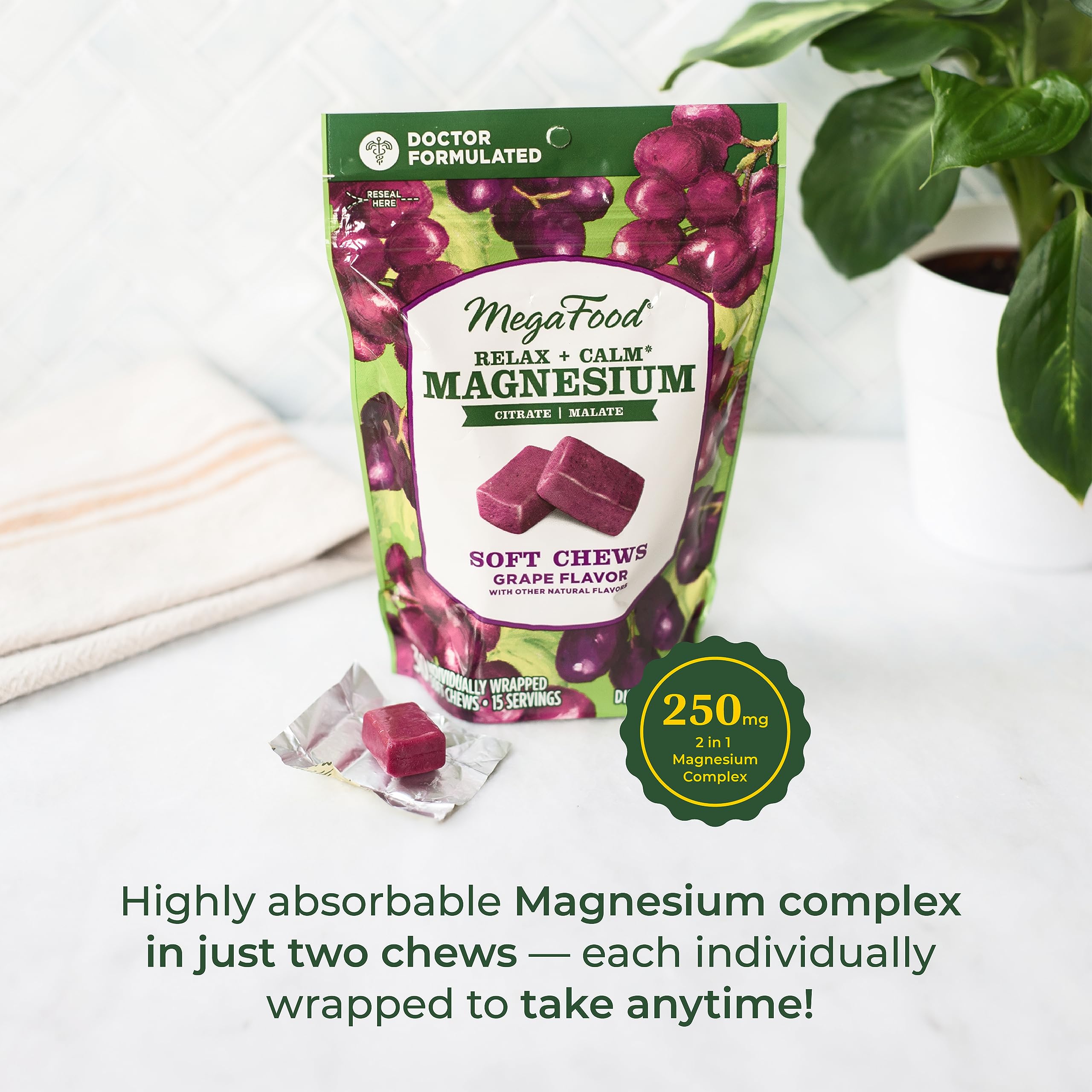 MegaFood Relax + Calm ingredients panel emphasizing magnesium citrate and malate blend for absorption