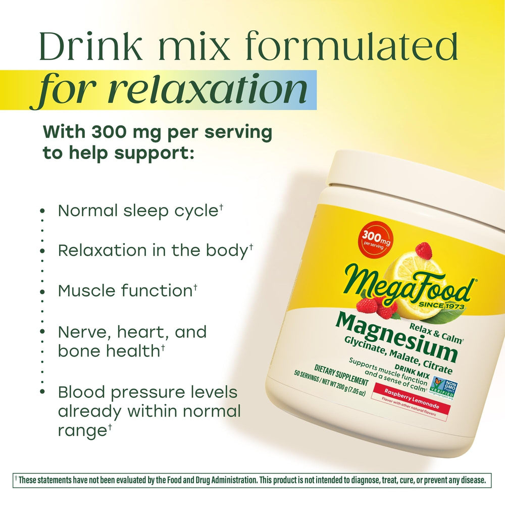 MegaFood Relax + Calm scoop measuring a precise daily magnesium dose.