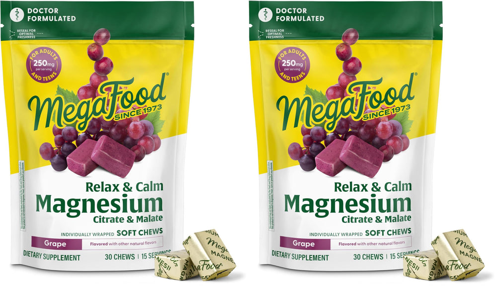 MegaFood Relax + Calm grape soft chews bottle for on-the-go calm support