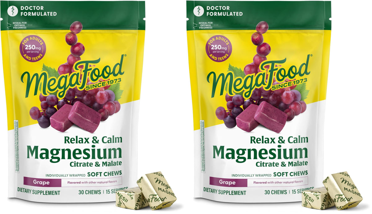 MegaFood Relax + Calm grape soft chews bottle for on-the-go calm support