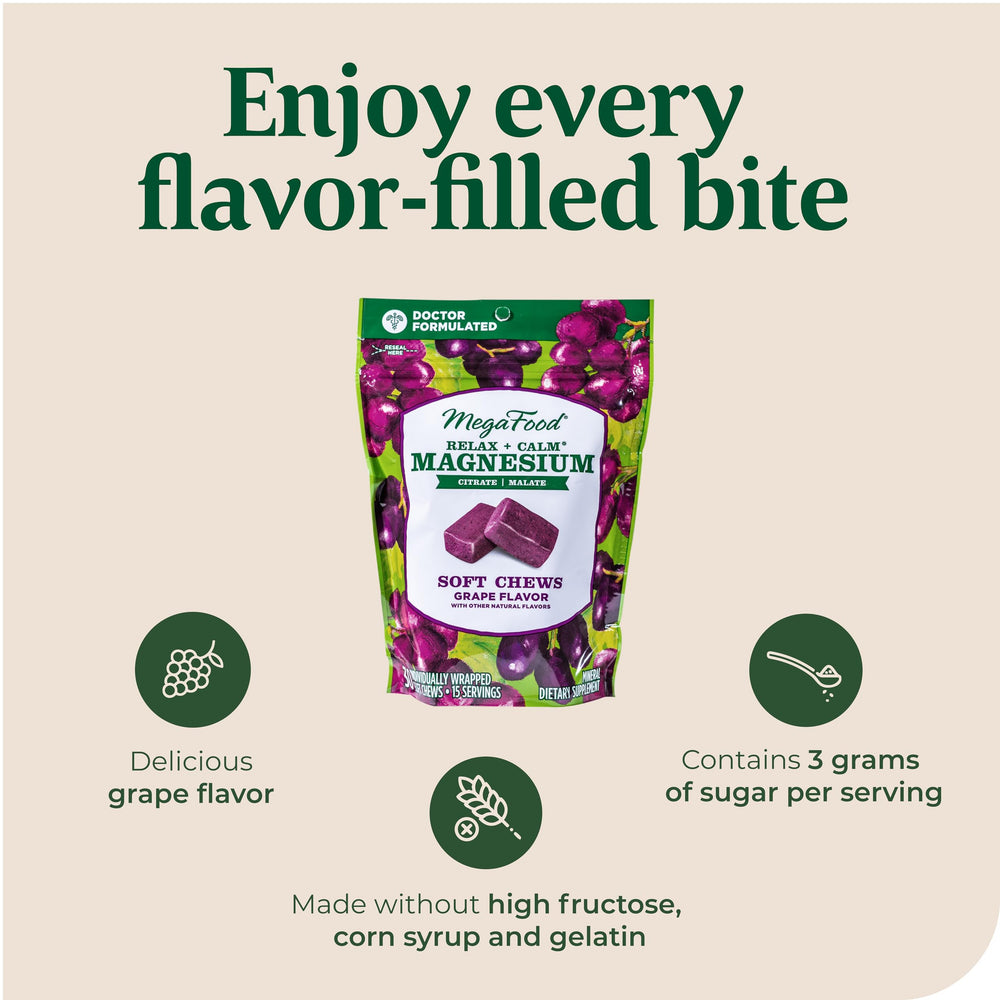MegaFood Relax + Calm pack displays vegetarian symbol for plant-based choice