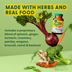 Label highlighting MegaFood Selenium vegan and non-GMO formulation.