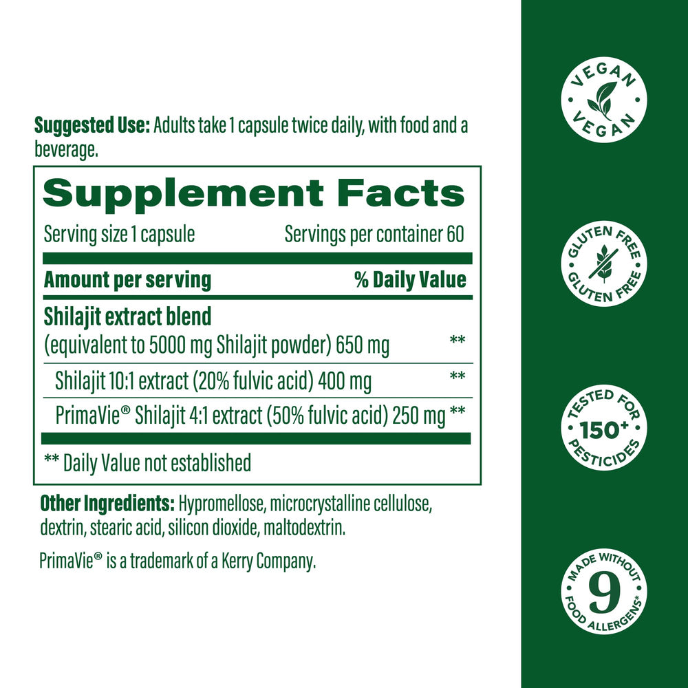 MegaFood Shilajit ingredient panel highlights Fulvic Acid and antioxidants