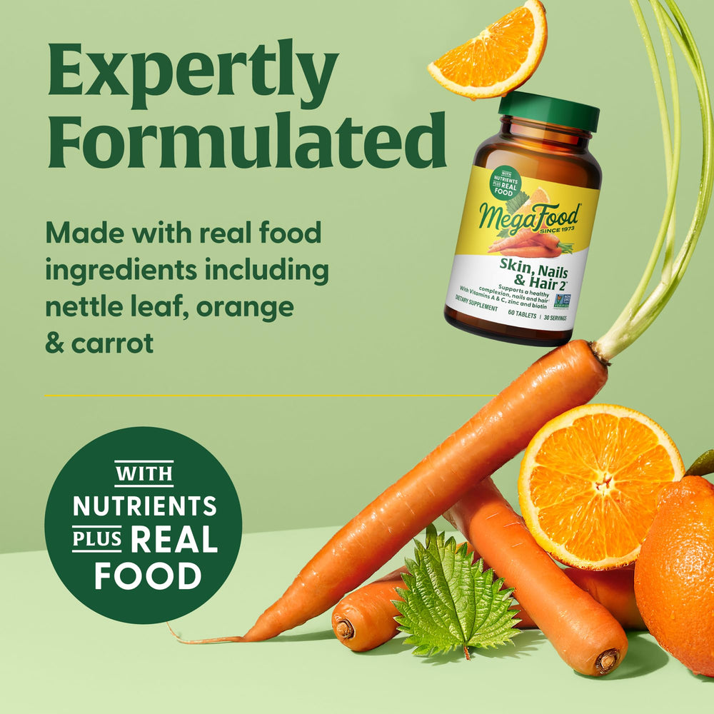 MegaFood Skin, Nails & Hair 2 label close-up highlights vegan formula.